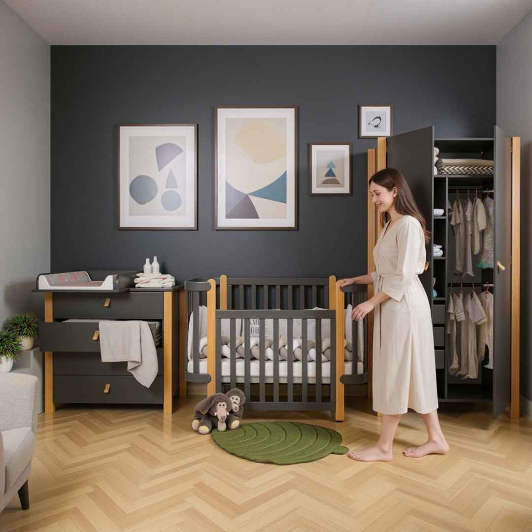 Dětská rostoucí postýlka Zukko Gekko Kids. Kolébka a postýlka 2v1. Tmavě šedá / Přírodní buk