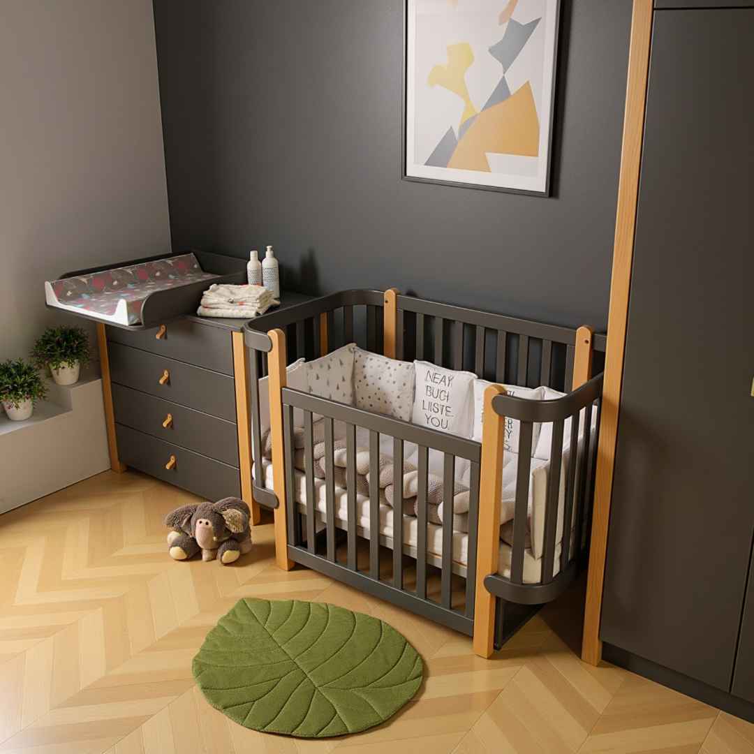 Dětská rostoucí postýlka Zukko Gekko Kids. Kolébka a postýlka 2v1. Tmavě šedá / Přírodní buk