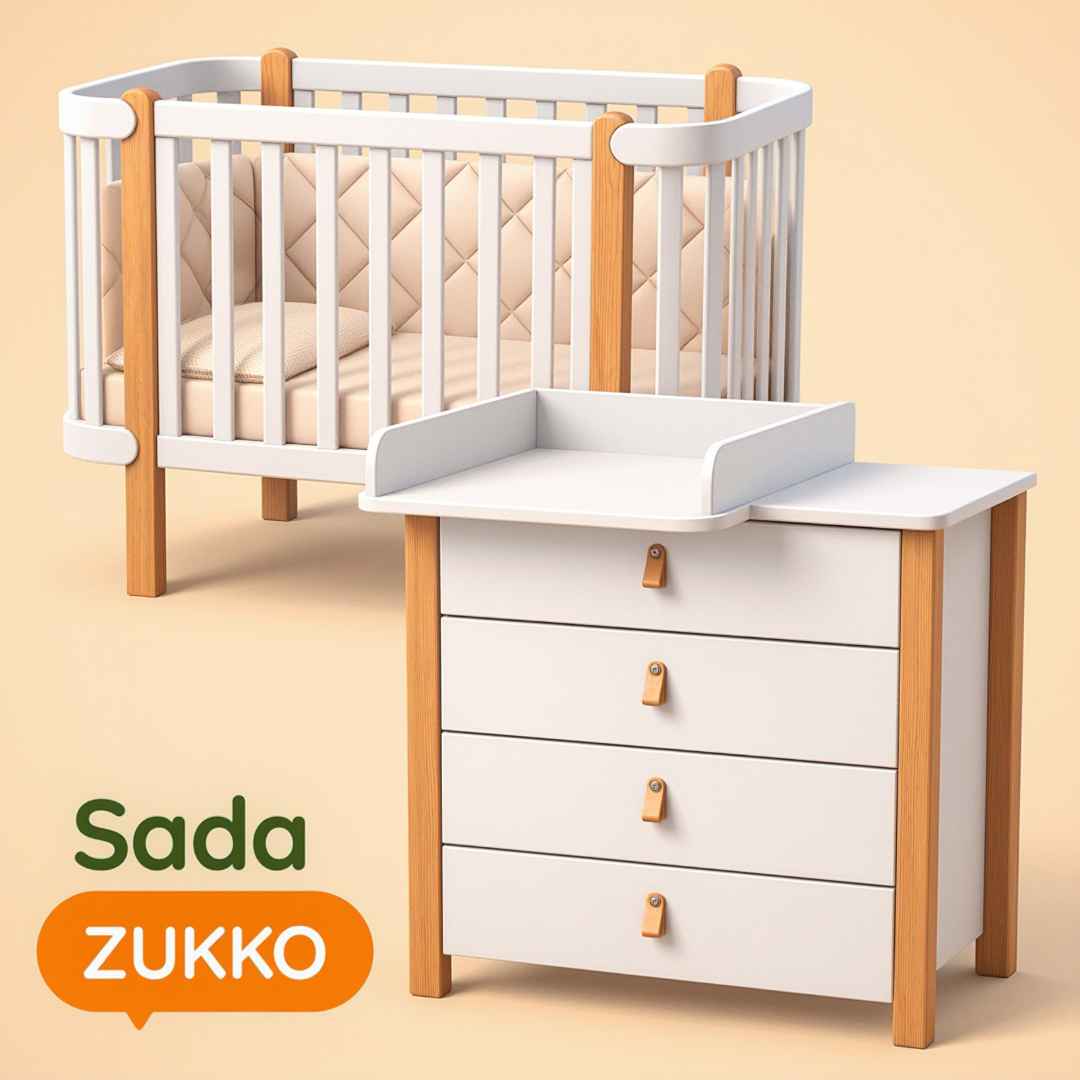 Sada. Dětská postýlka Zukko 120x60 s matrací, komodou a přebalovacím pultem. Bílá/Přírodní.