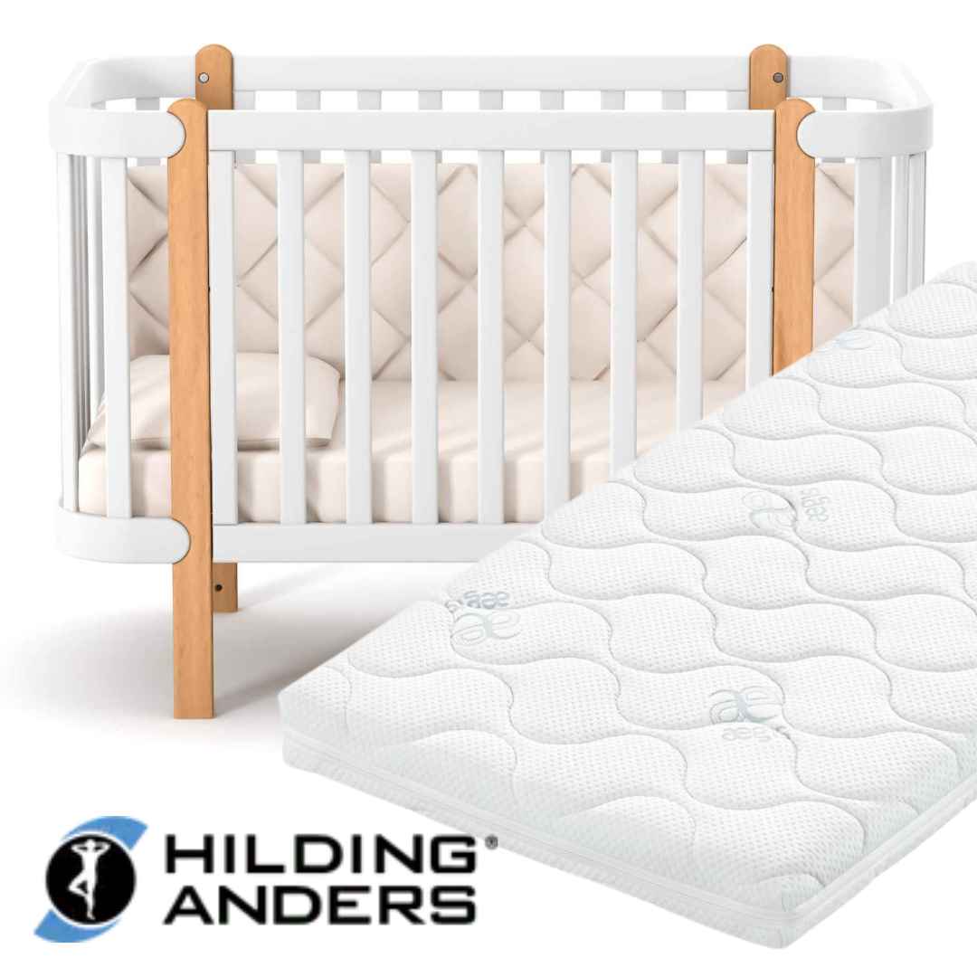 Sada. Dětská postýlka Zukko 120x60 s kvalitní matrací Hilding Anders. Bílá/Přírodní