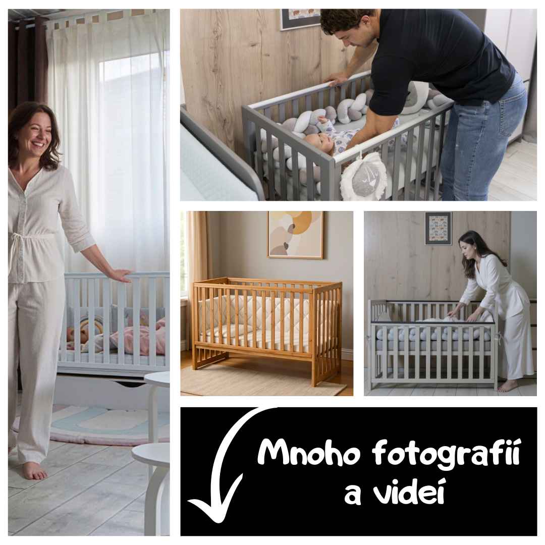 Sada. Dětská postýlka Sleeppo Gekko Kids 120x60 s kvalitní matrací. Grafitová barva