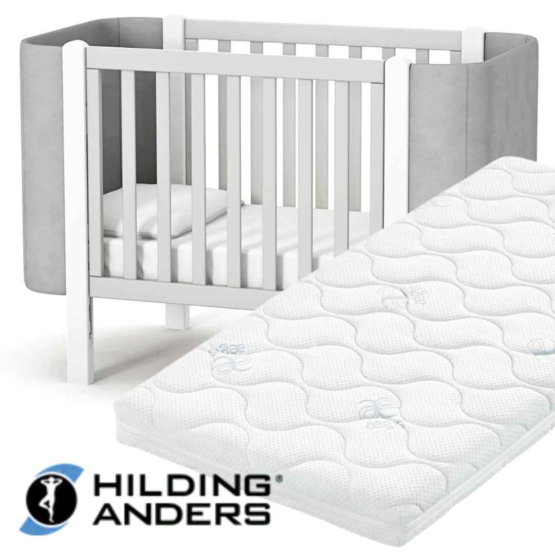 Sada. Dětská postýlka Zukko Soft 120x60 s kvalitní matrací Hilding Anders. Šedá / Bíla