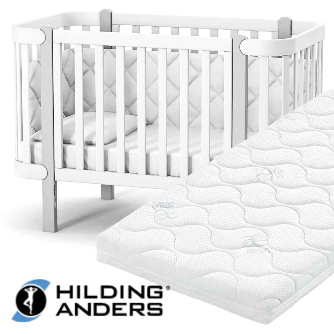 Sada. Dětská postýlka Zukko 120x60 s kvalitní matrací Hilding Anders. Bílá / Šedá