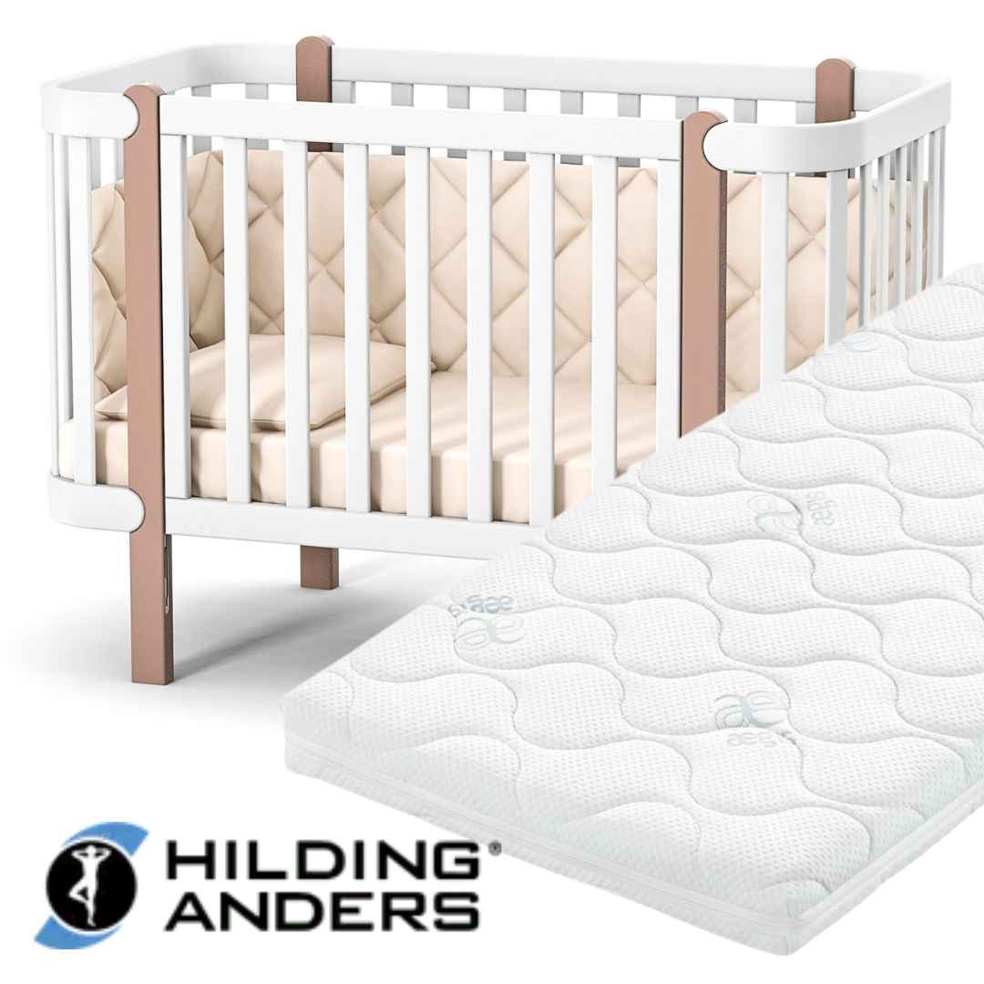 Sada. Dětská postýlka Zukko 120x60 s kvalitní matrací Hilding Anders. Bílá / Cappuccino