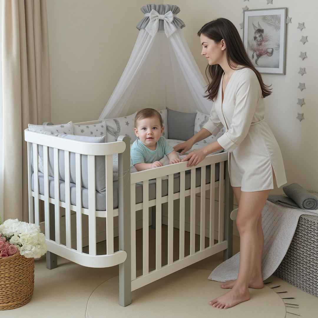 Dětská rostoucí postýlka Zukko Gekko Kids. Kolébka a postýlka 2v1. Bílá / Šedá