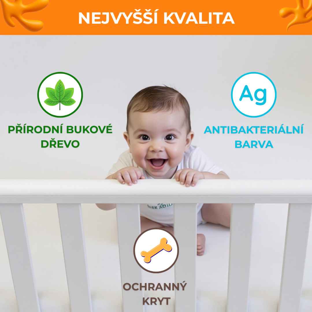 Sada. Dětská postýlka Sleeppo Gekko Kids 120x60 s kvalitní matrací. Bílá