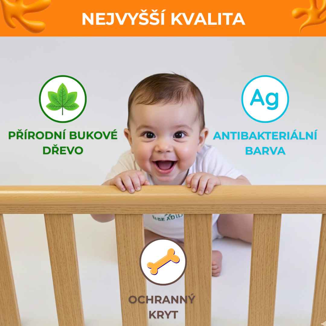 Sada. Dětská postýlka Sleeppo Gekko Kids 120x60 s kvalitní matrací. Přírodní Buk