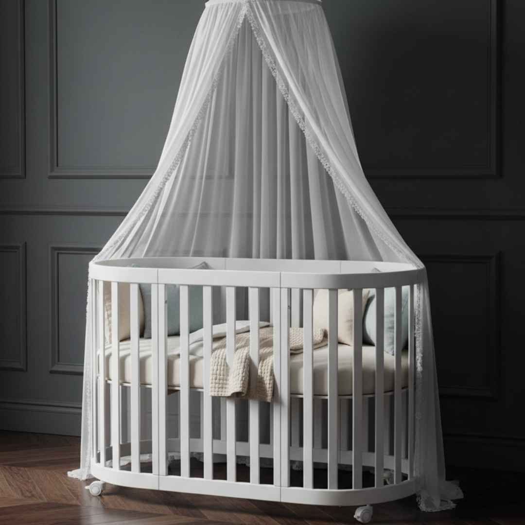 Oválná rostoucí dětská postýlka Mikko Gekko Kids 140x70. Maximální komplet s matrací. Bílá.