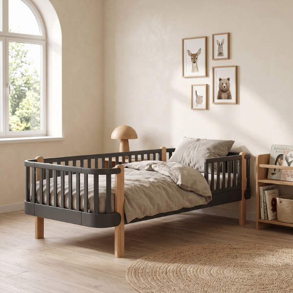 Jednolůžková postel Zukko Gekko 190x80. Tmavě šedá / Přírodní buk