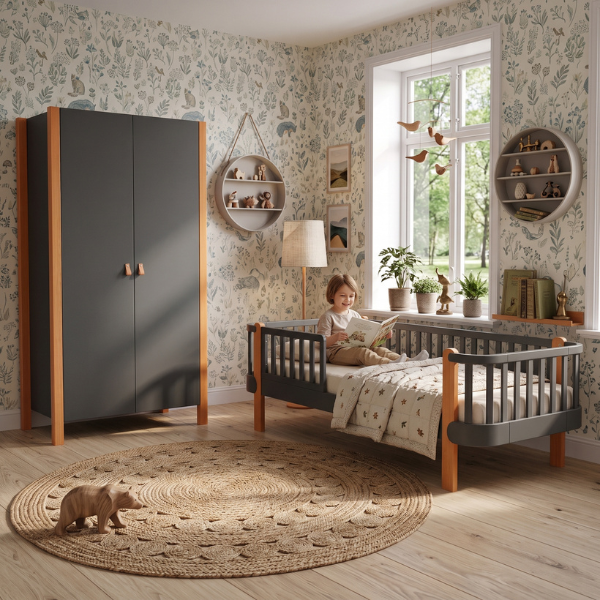 Jednolůžková postel Zukko Gekko 190x80. Tmavě šedá / Přírodní buk