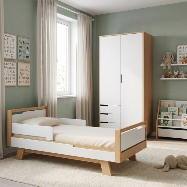 Jednolůžková postel Lussi Gekko 190x80. Bílá / Přírodní buk